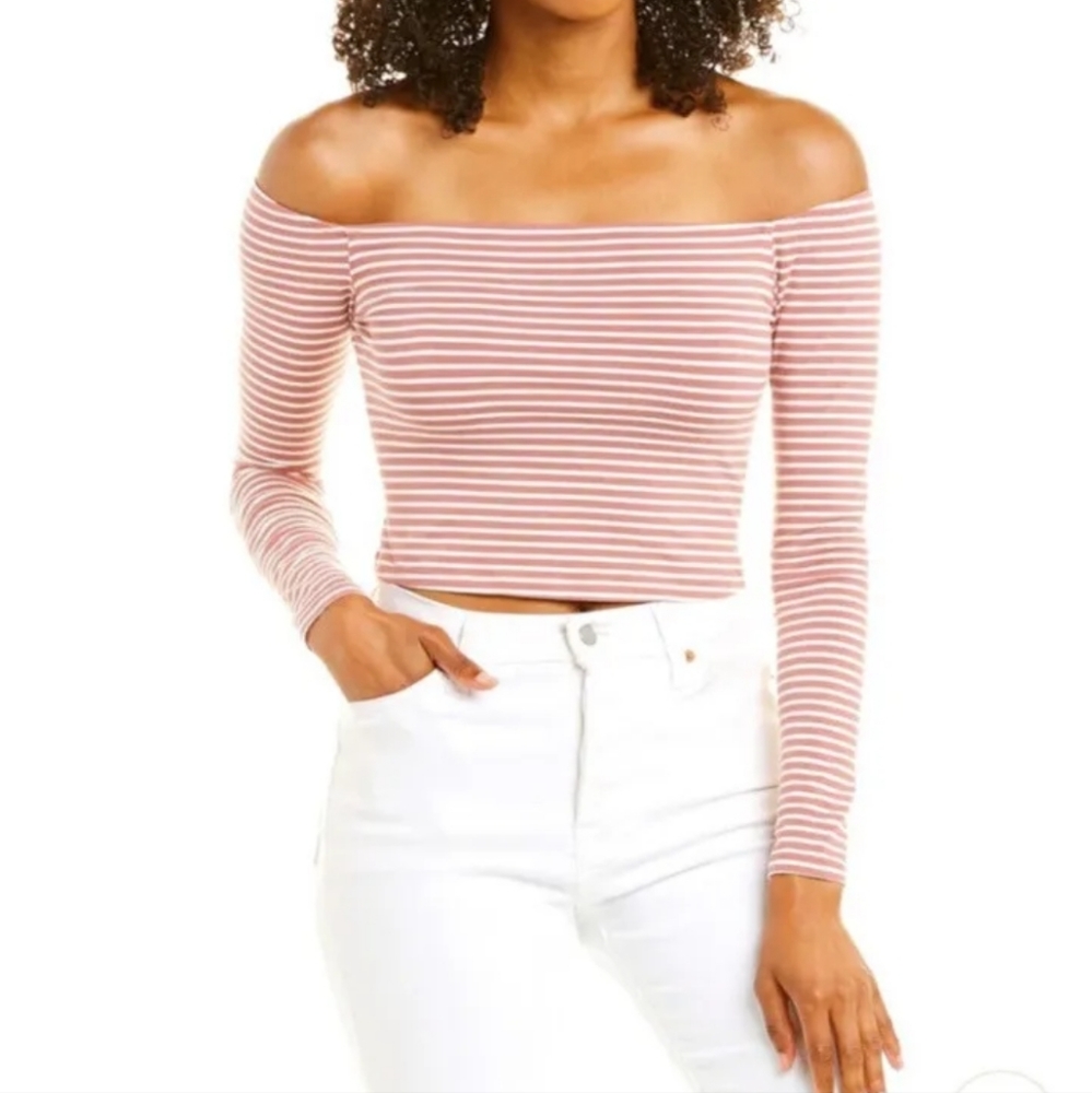 🎈Lovers + Friends megan candy stripe off the shoulder long sleeve crop top